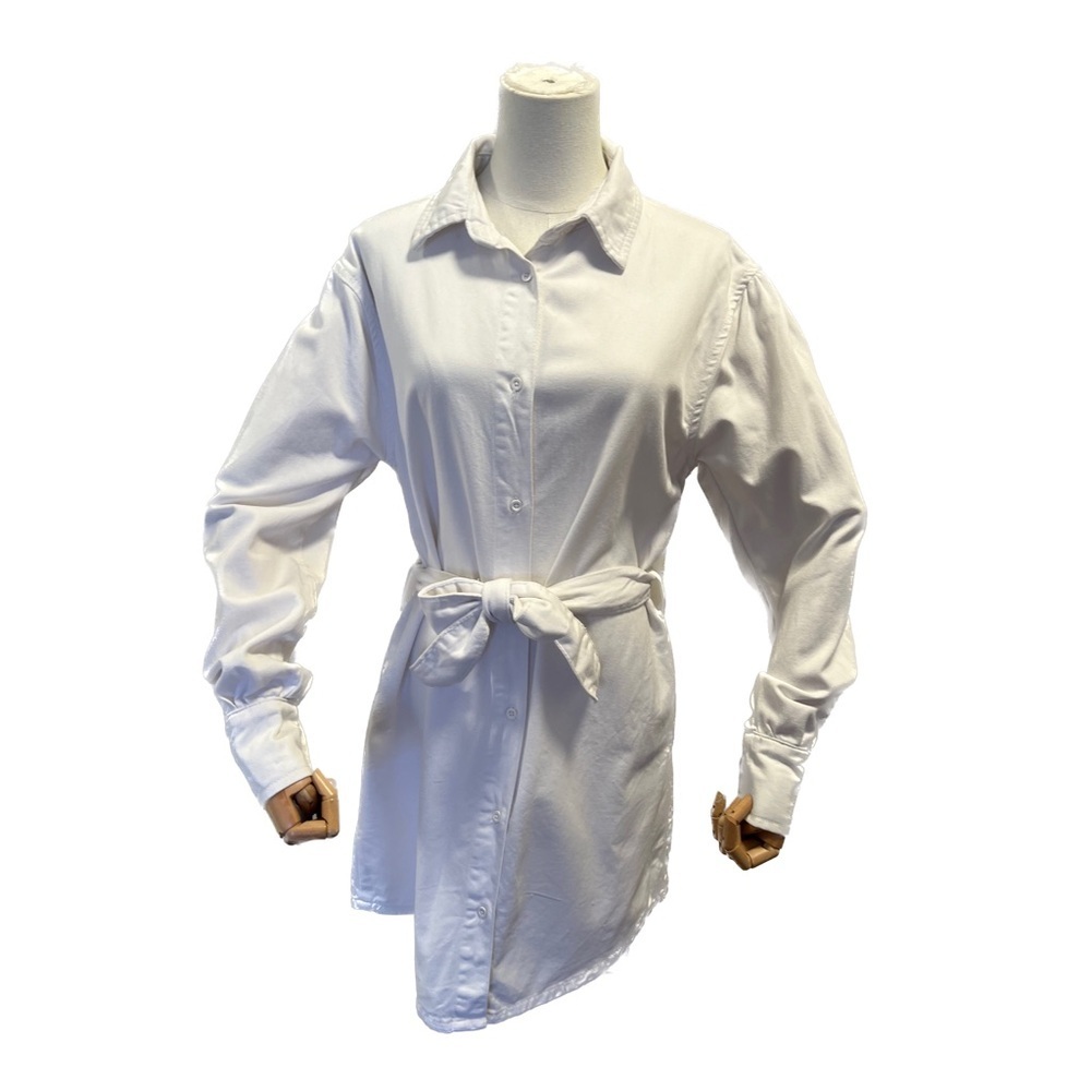 avec les filles white denim long sleeve button up dress mini cotton tie waist - Picture 2 of 6